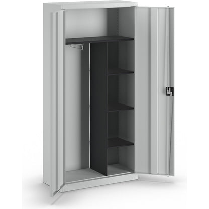 Steel cabinet with double doors, 3 short shelves and wardrobe, light grey.