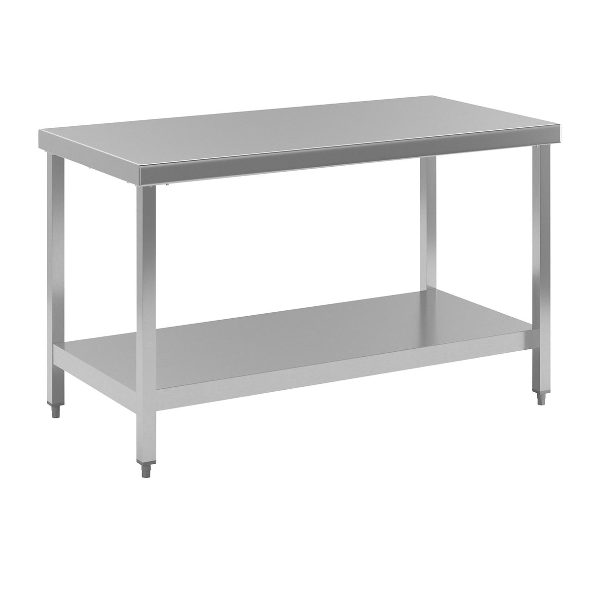 Stainless steel work table, working height 850 mm, WxD 1400 x 700 mm, with shelf.