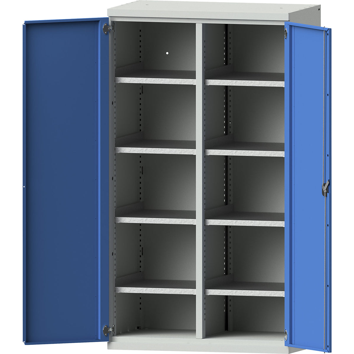 Heavy duty cupboard made of steel, 8 shelves, light grey / light blue.