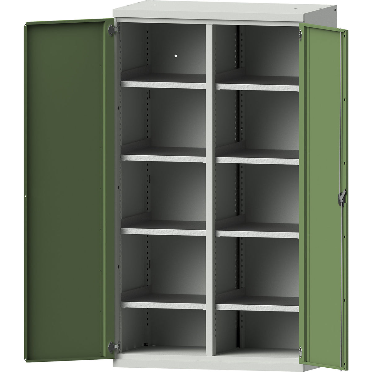 Heavy duty cupboard made of steel, 8 shelves, light grey / reseda green.