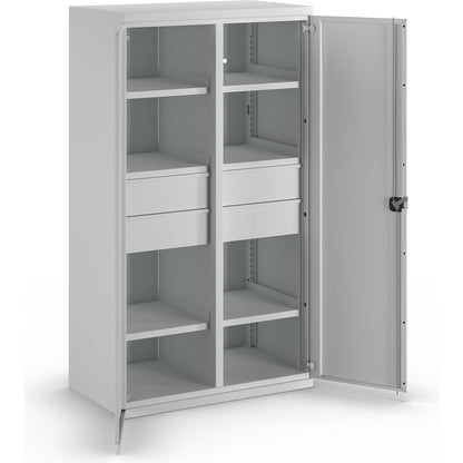 Heavy duty cupboard made of steel, 6 shelves, 4 x 180 mm high drawers, light grey / light grey.