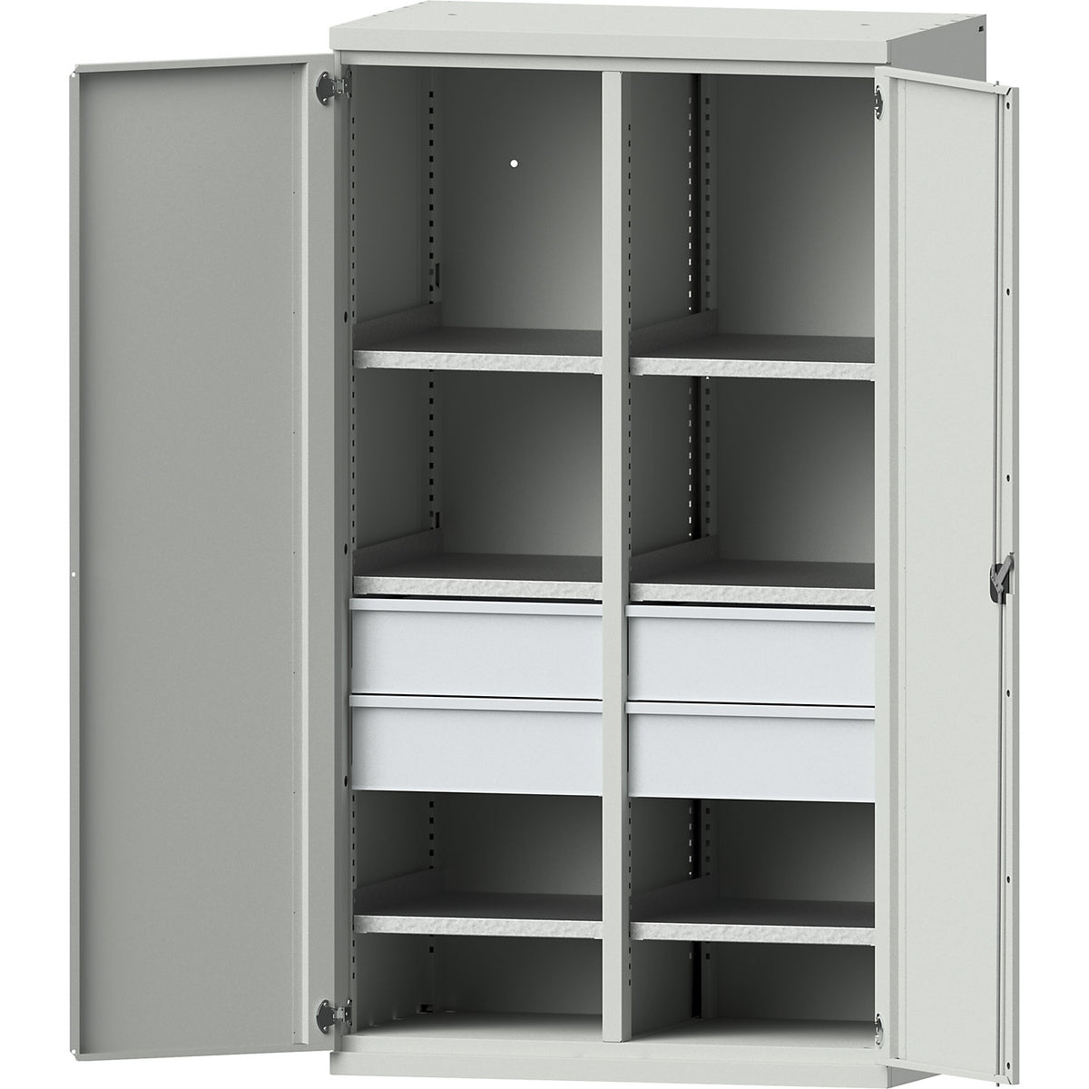 Heavy duty cupboard made of steel, 6 shelves, 4 x 180 mm high drawers, light grey / light grey.