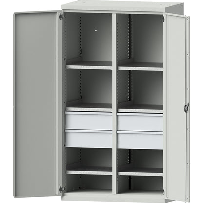 Heavy duty cupboard made of steel, 6 shelves, 4 x 180 mm high drawers, light grey / light grey.