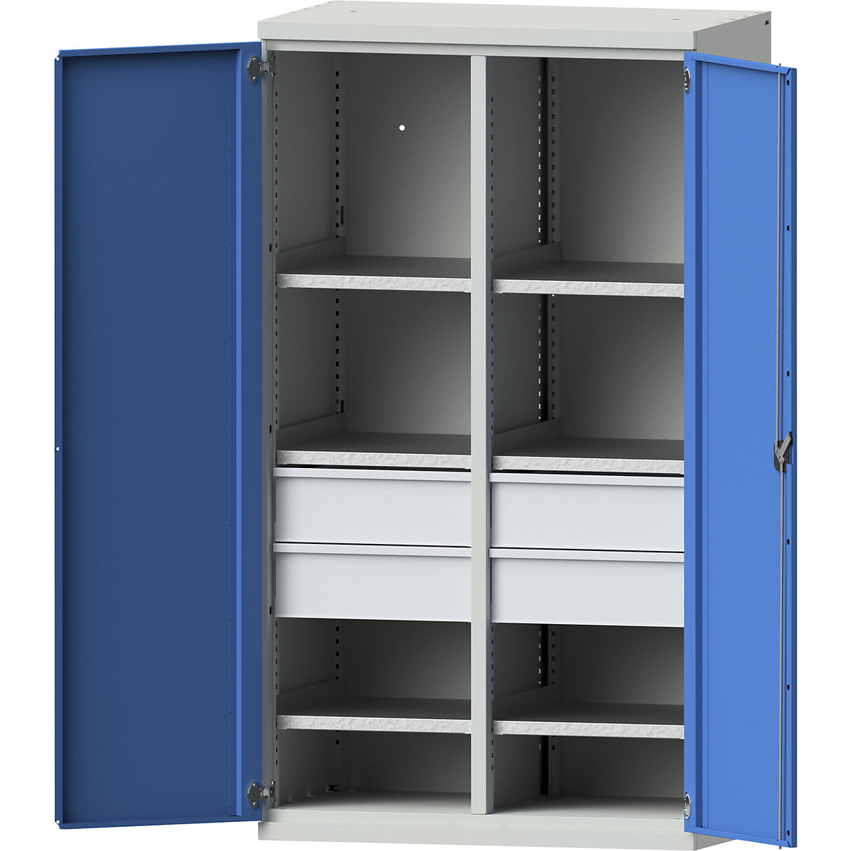 Heavy duty cupboard made of steel, 6 shelves, 4 x 180 mm high drawers, light grey / light blue.