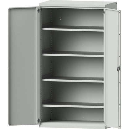 Heavy duty cupboard made of steel, 4 full-width shelves, light grey / light grey.