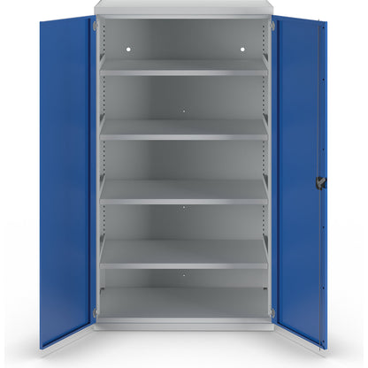 Heavy duty cupboard made of steel, 4 full-width shelves, light grey / light blue.