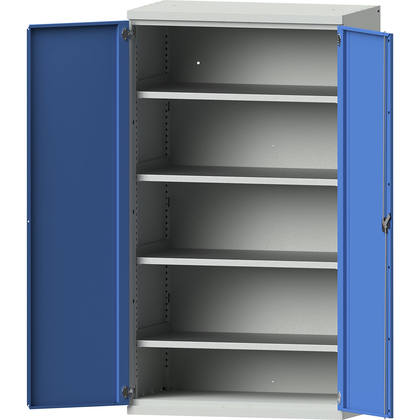Heavy duty cupboard made of steel, 4 full-width shelves, light grey / light blue.