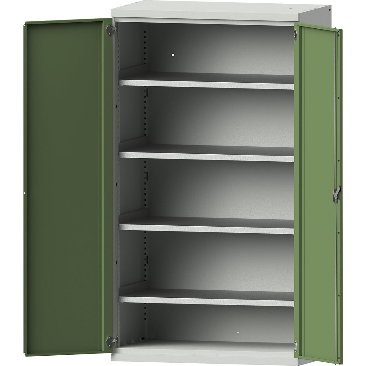 Heavy duty cupboard made of steel, 4 full-width shelves, light grey / reseda green.