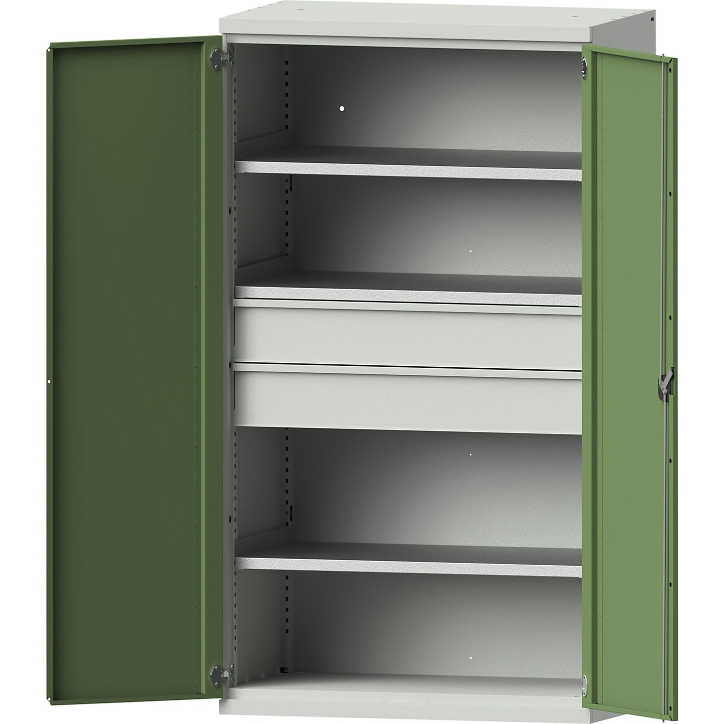 Heavy duty cupboard made of steel, 3 shelves, 2 x 180 mm high drawers, light grey / reseda green.
