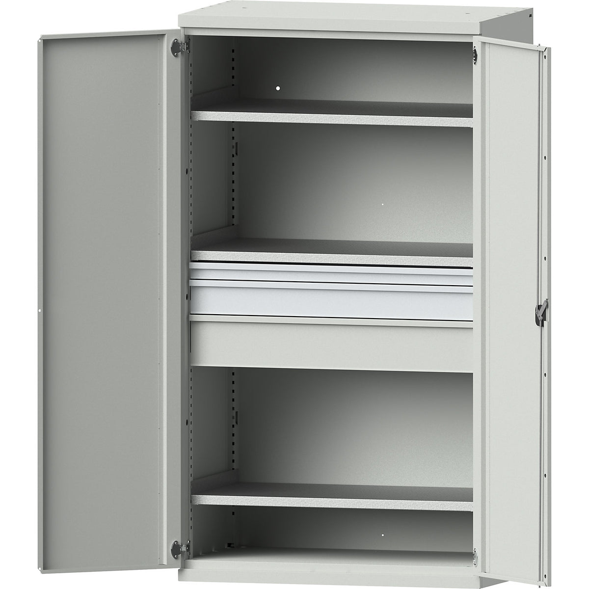 Heavy duty cupboard made of steel, 3 shelves, drawers 1 x 60 mm, 1 x 120 mm, 1 x 180 mm high, light grey / light grey.