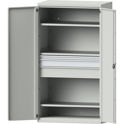 Heavy duty cupboard made of steel, 3 shelves, drawers 1 x 60 mm, 1 x 120 mm, 1 x 180 mm high, light grey / light grey.
