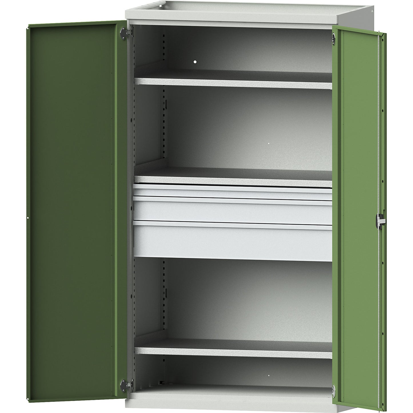 Heavy duty cupboard made of steel, 3 shelves, drawers 1 x 60 mm, 1 x 120 mm, 1 x 180 mm high, light grey / reseda green.