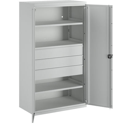 Heavy duty cupboard made of steel, 3 shelves, 3 x 180 mm high drawers, light grey / light grey.