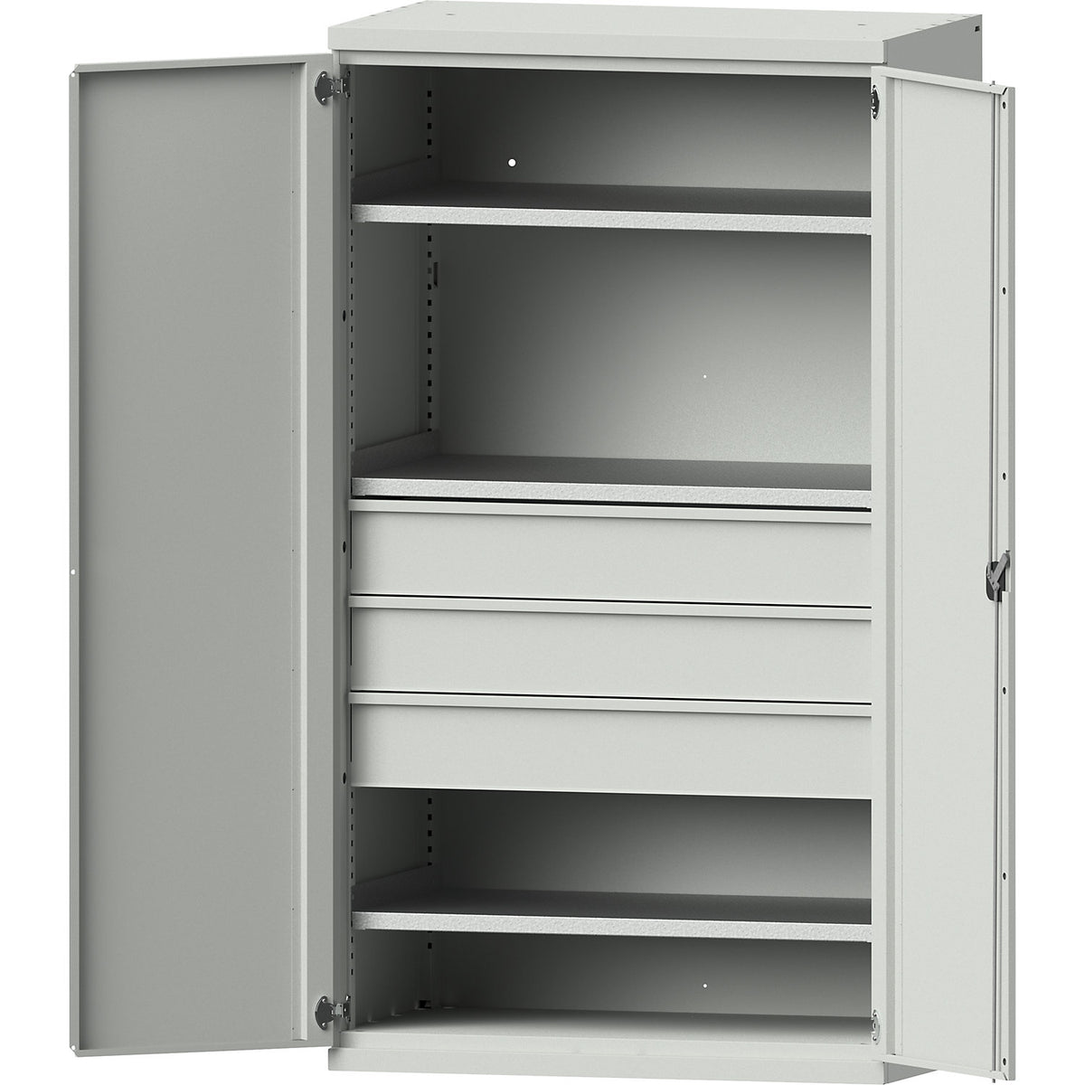 Heavy duty cupboard made of steel, 3 shelves, 3 x 180 mm high drawers, light grey / light grey.