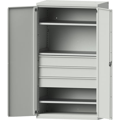Heavy duty cupboard made of steel, 3 shelves, 3 x 180 mm high drawers, light grey / light grey.