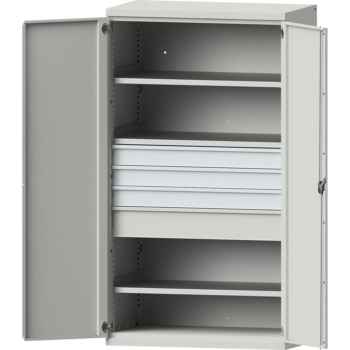 Heavy duty cupboard made of steel, 3 shelves, drawers 3 x 120 mm, 1 x 180 mm high, light grey / light grey.