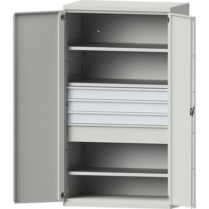 Heavy duty cupboard made of steel, 3 shelves, drawers 3 x 120 mm, 1 x 180 mm high, light grey / light grey.