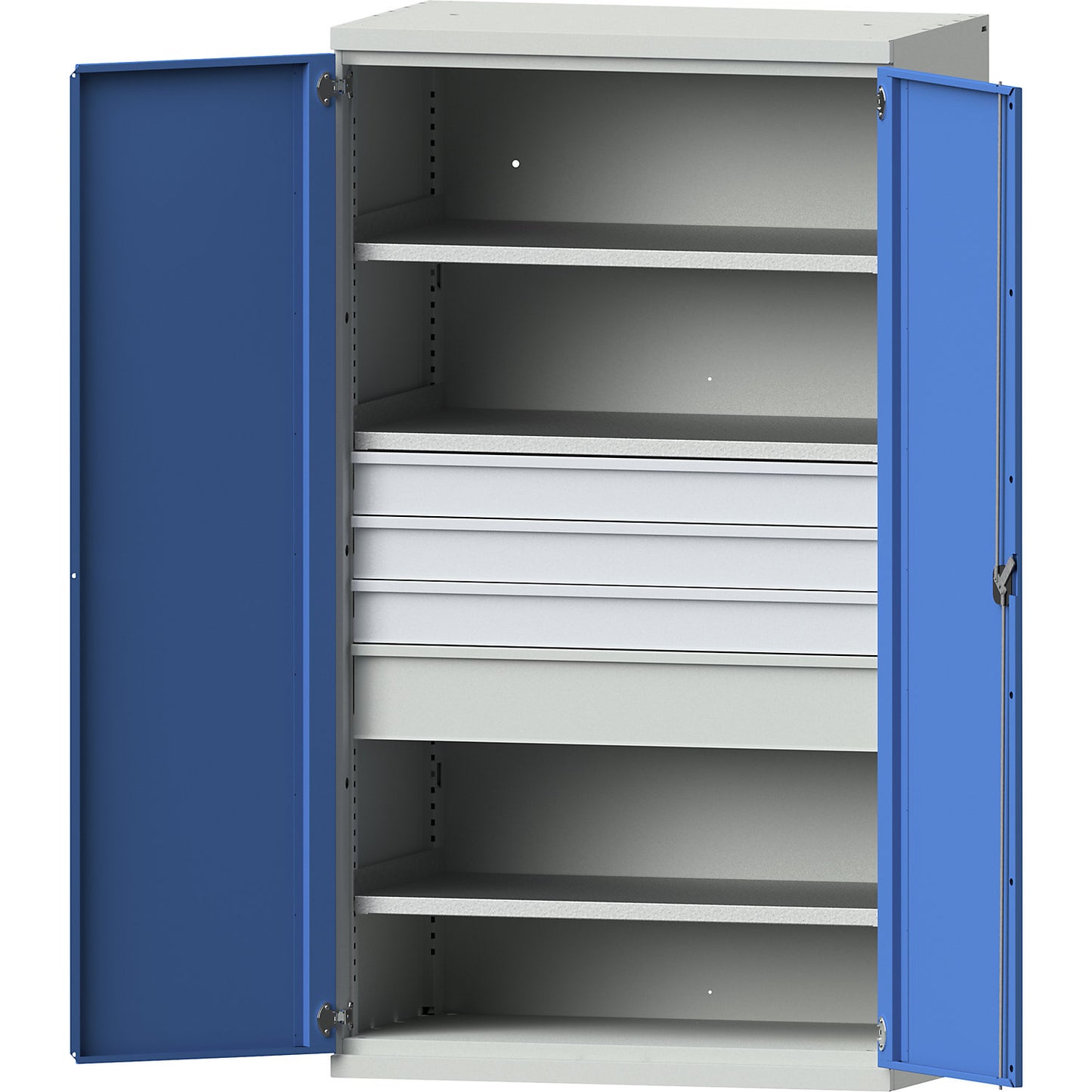Heavy duty cupboard made of steel, 3 shelves, drawers 3 x 120 mm, 1 x 180 mm high, light grey / light blue.