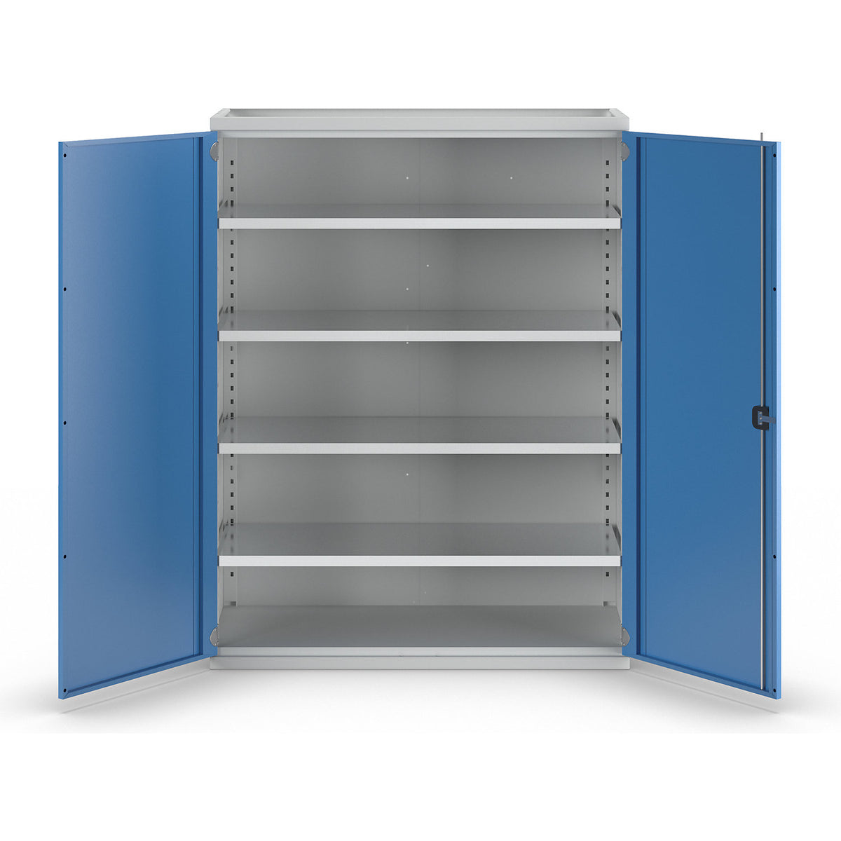 JUMBO heavy duty cupboard made of sheet steel, 4 full-width shelves, light grey / light blue.