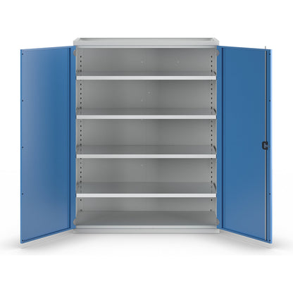 JUMBO heavy duty cupboard made of sheet steel, 4 full-width shelves, light grey / light blue.