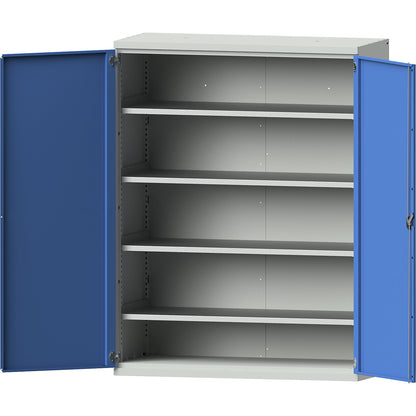 JUMBO heavy duty cupboard made of sheet steel, 4 full-width shelves, light grey / light blue.