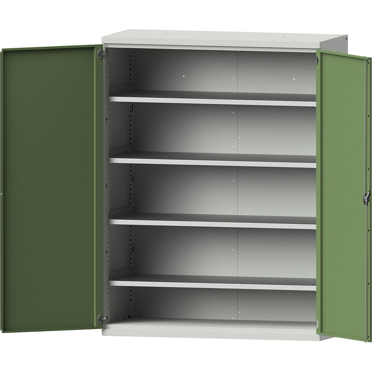 JUMBO heavy duty cupboard made of sheet steel, 4 full-width shelves, light grey / reseda green.