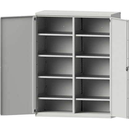JUMBO heavy duty cupboard made of sheet steel, 8 shelves, centre partition, light grey / light grey.