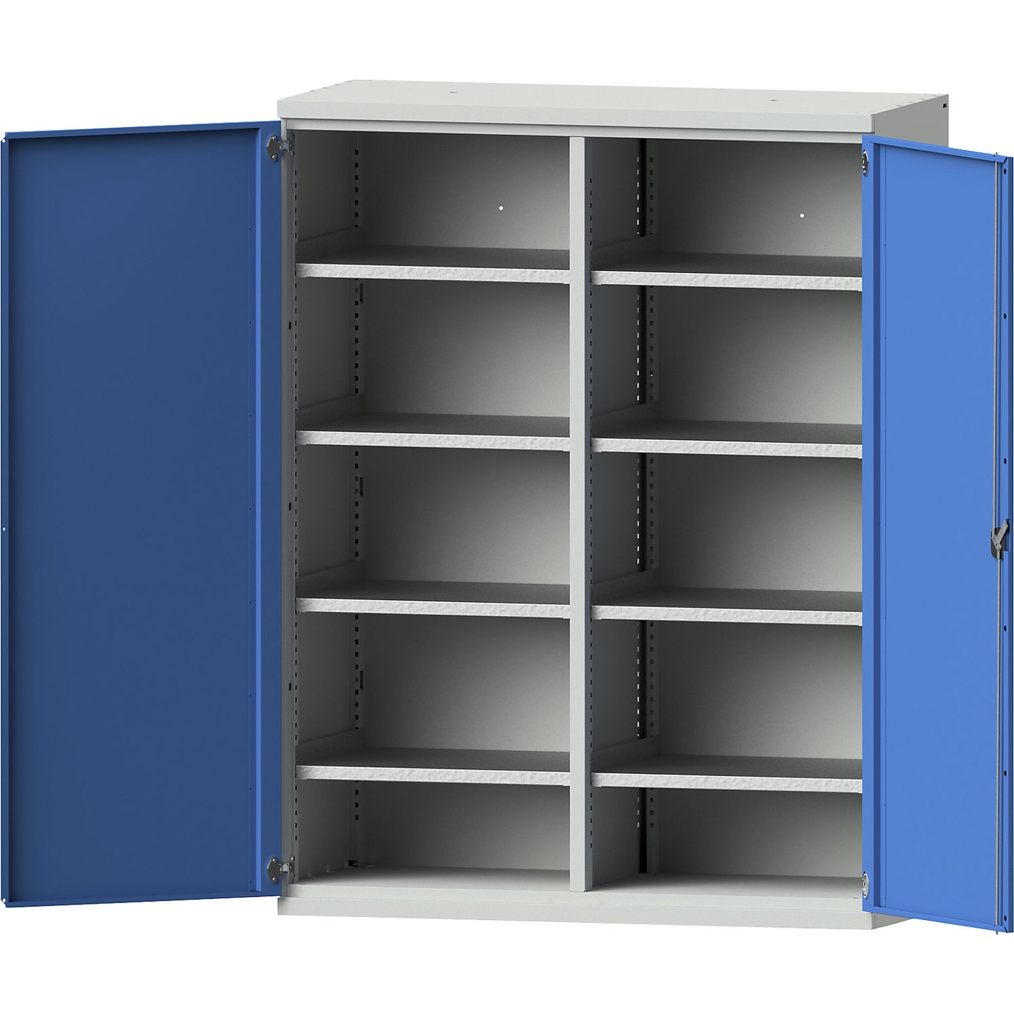 JUMBO heavy duty cupboard made of sheet steel, 8 shelves, centre partition, light grey / light blue.