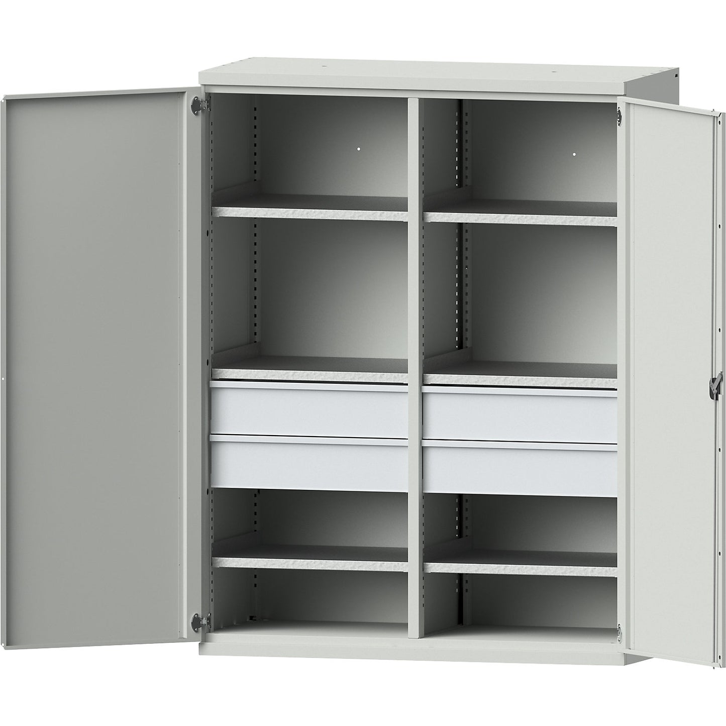 JUMBO heavy duty cupboard made of sheet steel, 6 shelves, 4 x 180 mm high drawers, light grey / light grey.