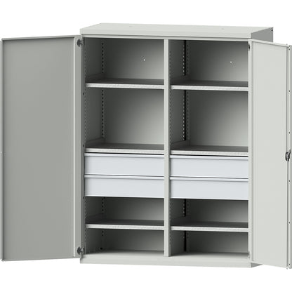 JUMBO heavy duty cupboard made of sheet steel, 6 shelves, 4 x 180 mm high drawers, light grey / light grey.