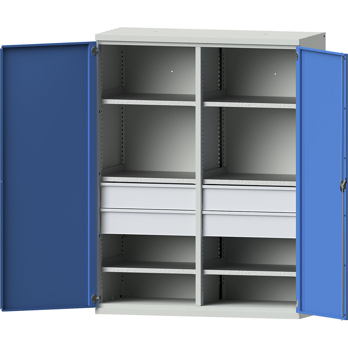 JUMBO heavy duty cupboard made of sheet steel, 6 shelves, 4 x 180 mm high drawers, light grey / light blue.