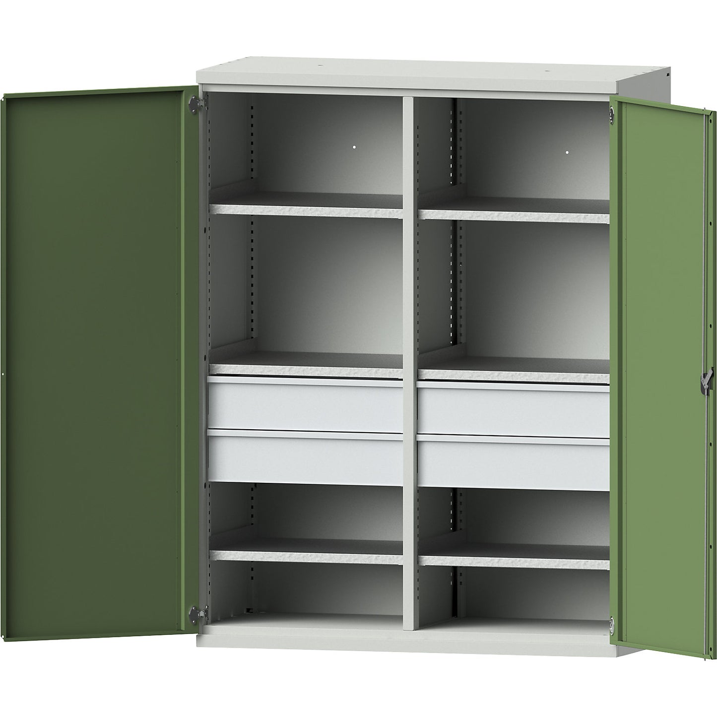JUMBO heavy duty cupboard made of sheet steel, 6 shelves, 4 x 180 mm high drawers, light grey / reseda green.