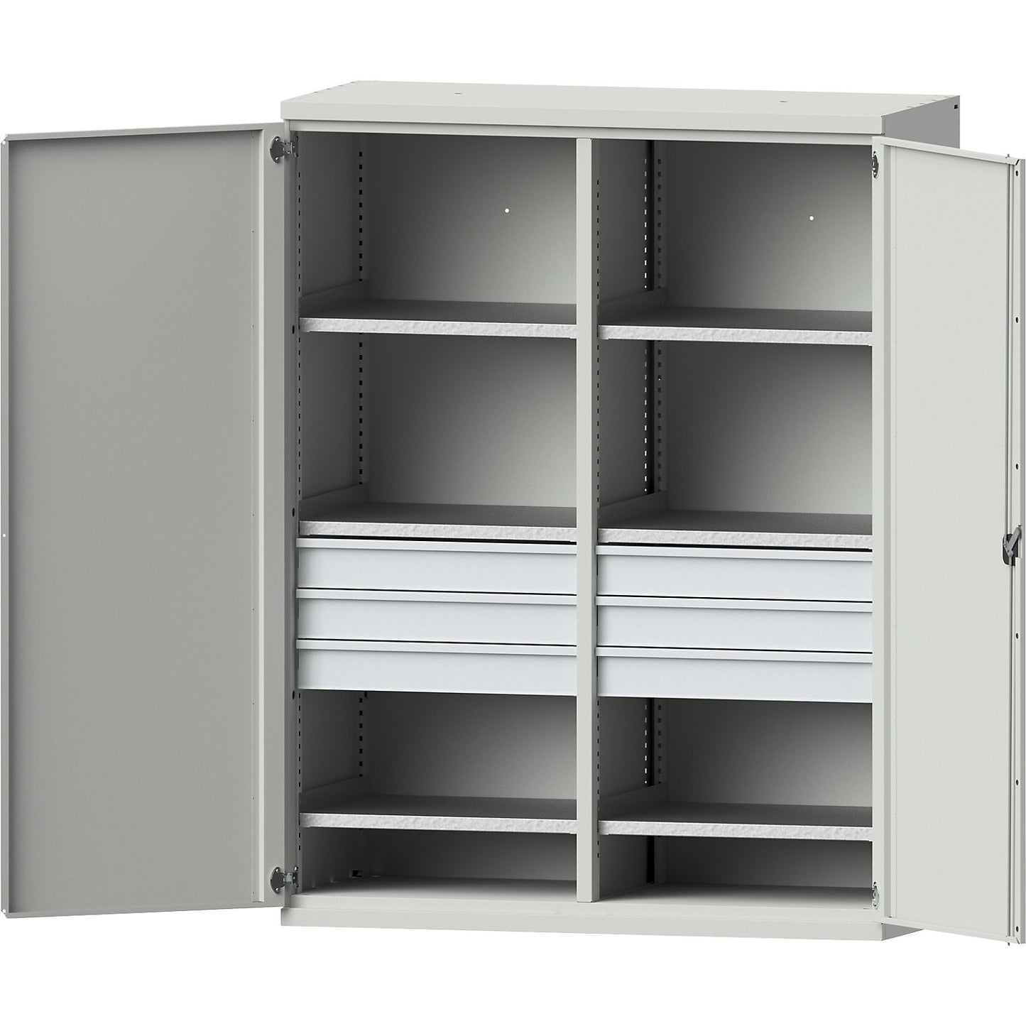 JUMBO heavy duty cupboard made of sheet steel, 6 shelves, 6 x 120 mm high drawers, light grey / light grey.