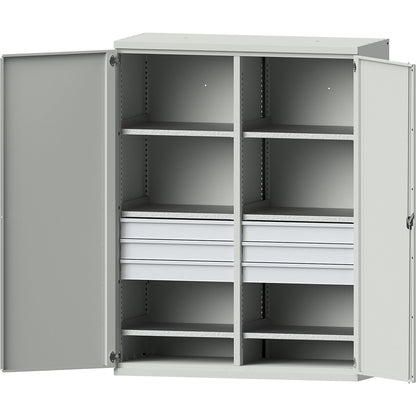 JUMBO heavy duty cupboard made of sheet steel, 6 shelves, 6 x 120 mm high drawers, light grey / light grey.