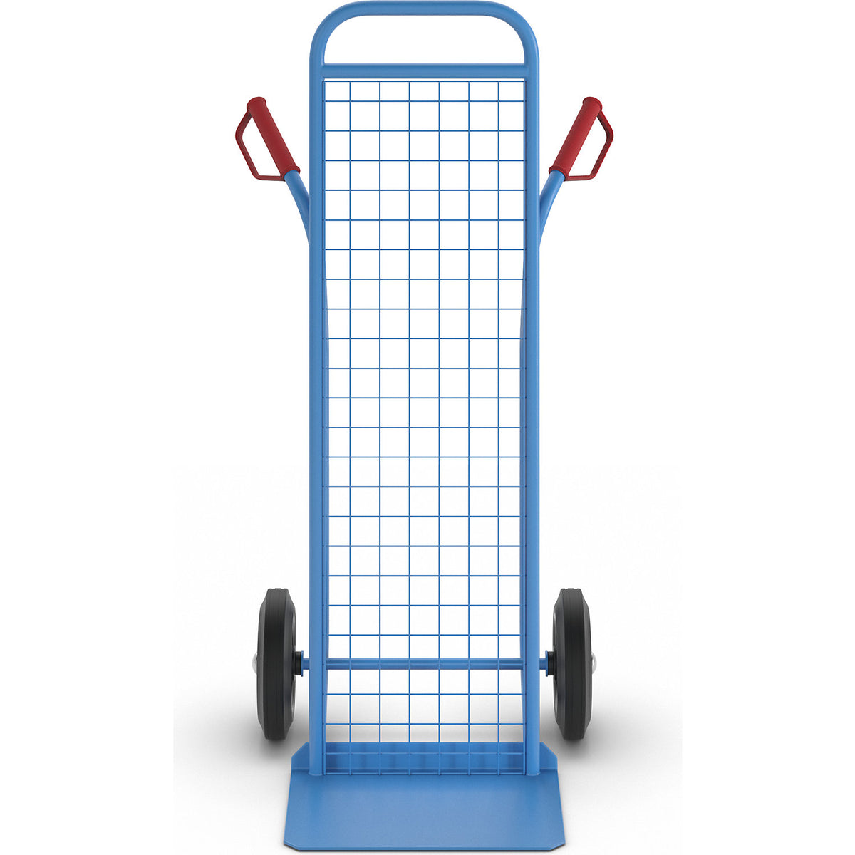 Sack truck with wire mesh rear panel, model: steel stacking truck, with solid rubber tyres.
