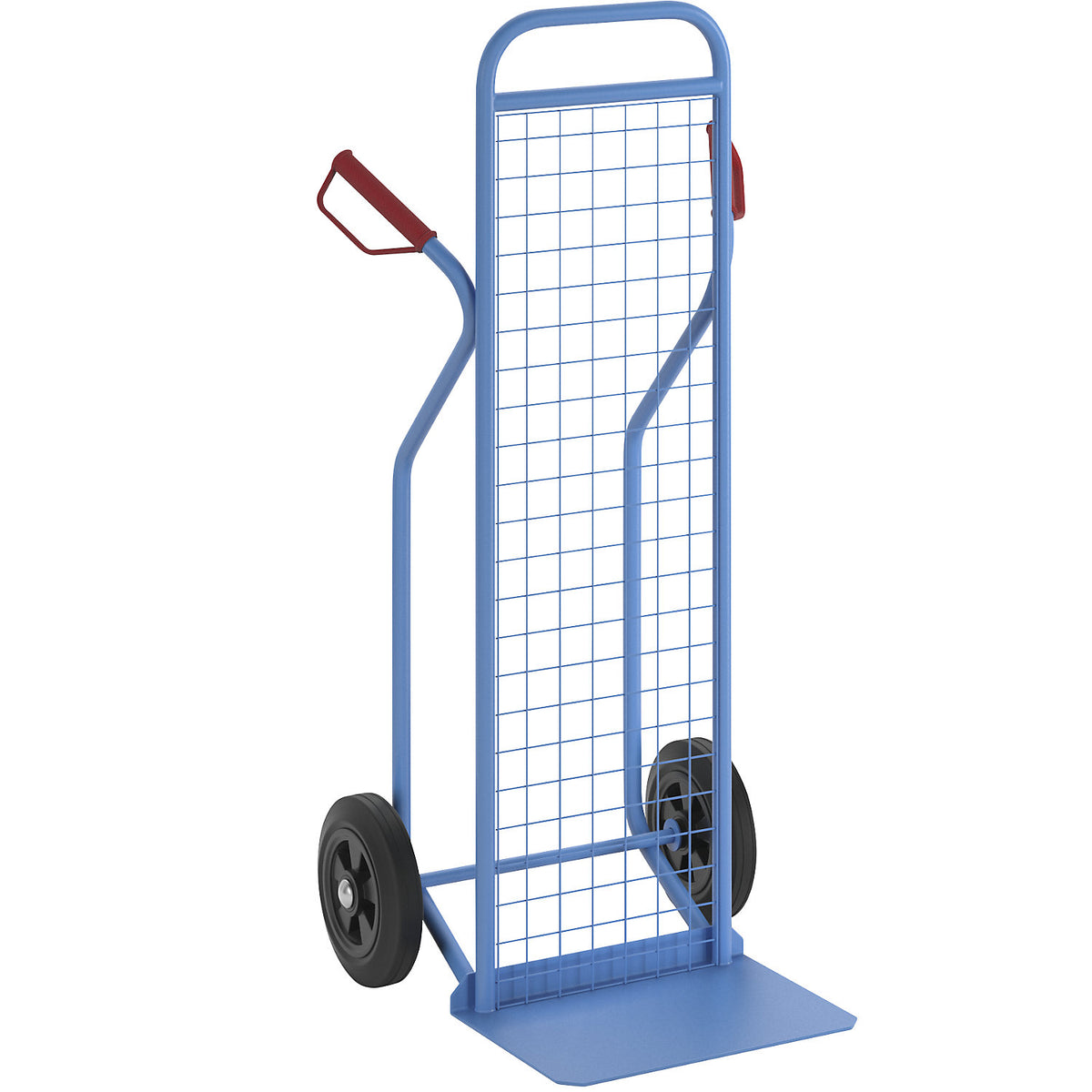 Sack truck with wire mesh rear panel, model: steel stacking truck, with solid rubber tyres.