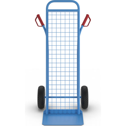 Sack truck with wire mesh rear panel, model: steel stacking truck, with pneumatic tyres.