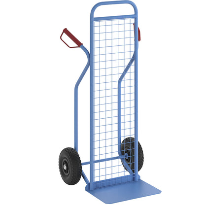 Sack truck with wire mesh rear panel, model: steel stacking truck, with pneumatic tyres.