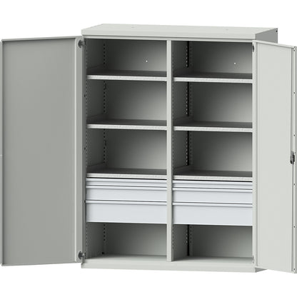 JUMBO heavy duty cupboard made of sheet steel, 6 shelves, drawers 2 x 60 mm, 2 x 120 mm, 2 x 180 mm high, light grey / light grey.