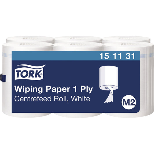 Centrefeed paper wipes, 1-ply, white, pack of 6 rolls, advanced quality, unperforated.