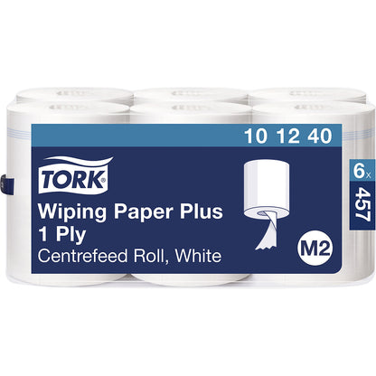 Strong multi-purpose centrefeed paper wipes, 2-ply, white, pack of 6 rolls, advanced quality, perforated.