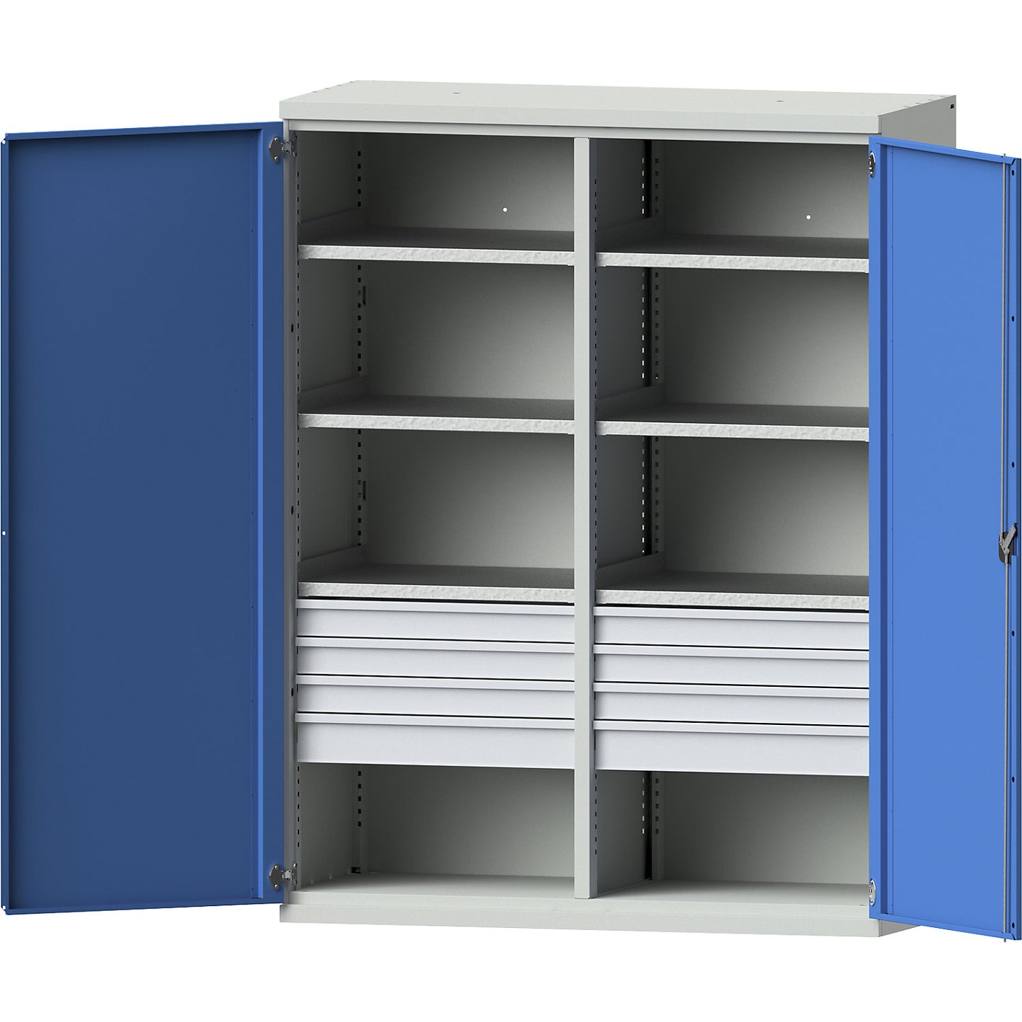 JUMBO heavy duty cupboard made of sheet steel, 6 shelves, drawers 6 x 90 mm, 2 x 120 mm high, light grey / light blue.
