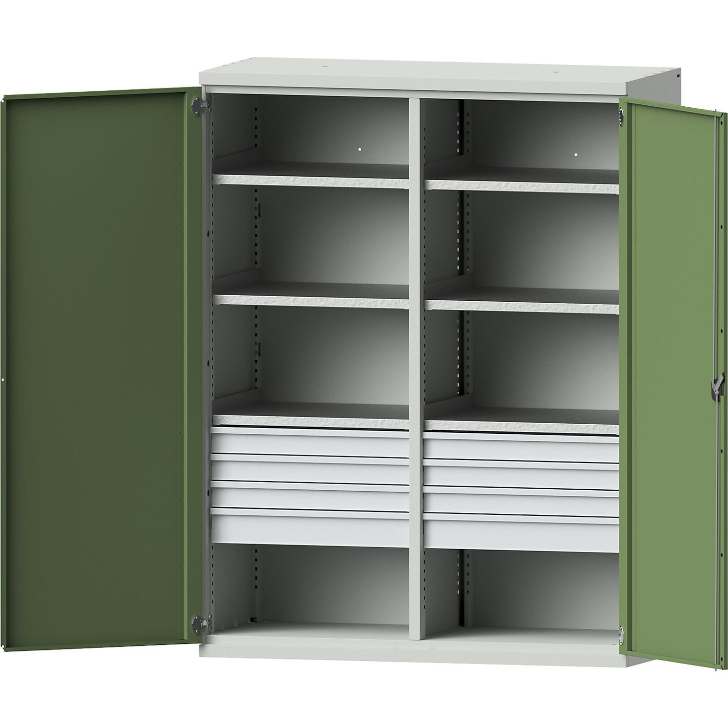 JUMBO heavy duty cupboard made of sheet steel, 6 shelves, drawers 6 x 90 mm, 2 x 120 mm high, light grey / reseda green.