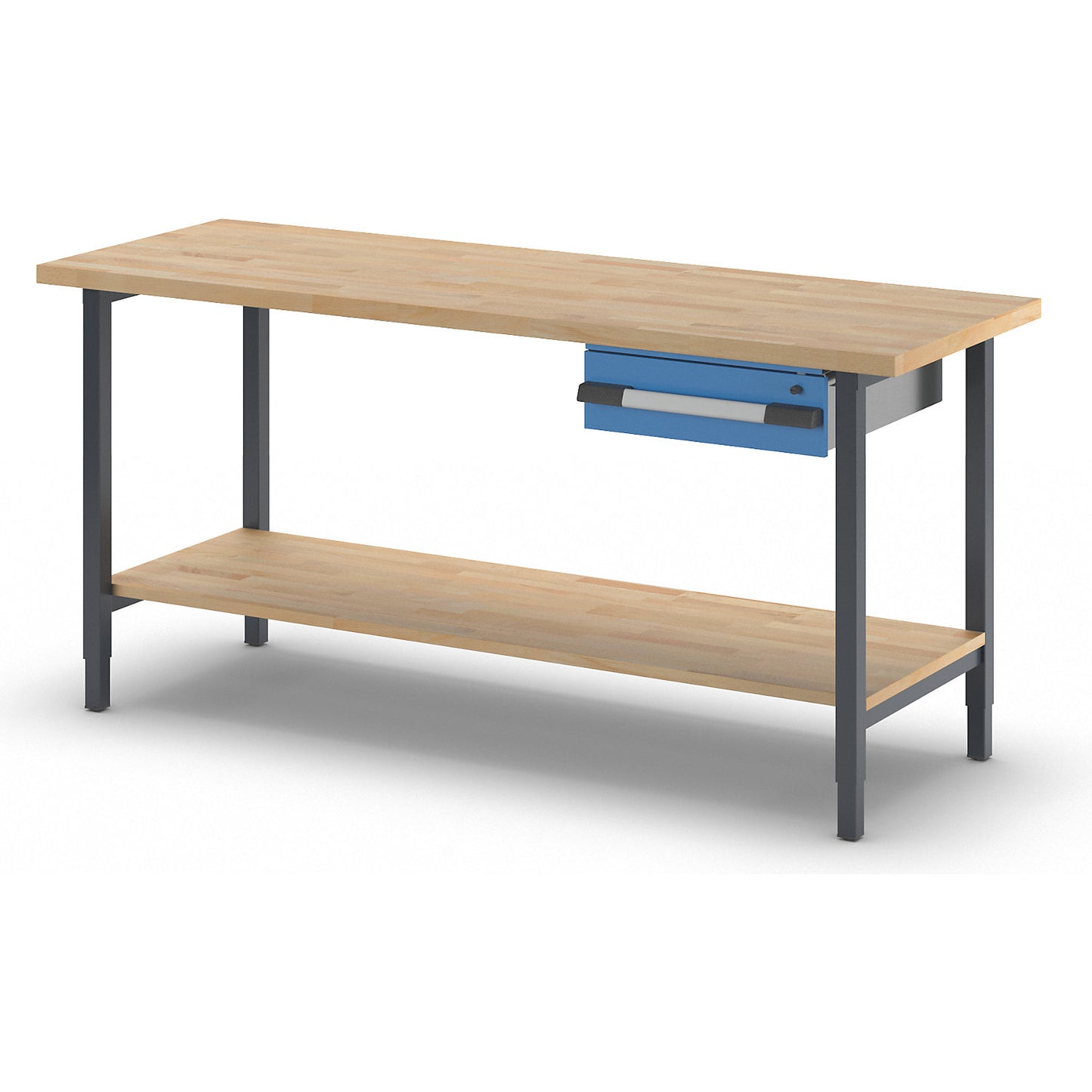 Height-adjustable workbench, frame construction, 1 drawer, 1 shelf, width 2000 mm, charcoal / blue.