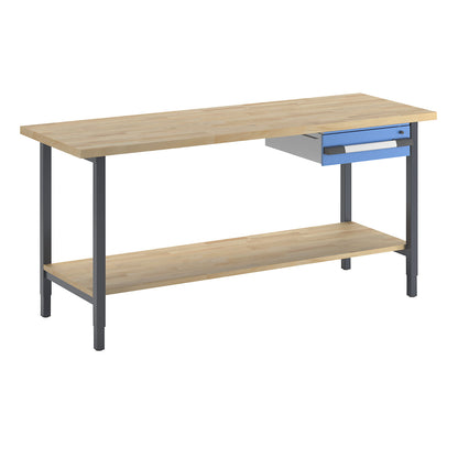 Height-adjustable workbench, frame construction, 1 drawer, 1 shelf, width 2000 mm, charcoal / blue.