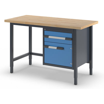 Height-adjustable workbench, frame construction, 1 drawer, 1 hinged door, width 1500 mm, charcoal / blue.