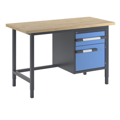 Height-adjustable workbench, frame construction, 1 drawer, 1 hinged door, width 1500 mm, charcoal / blue.