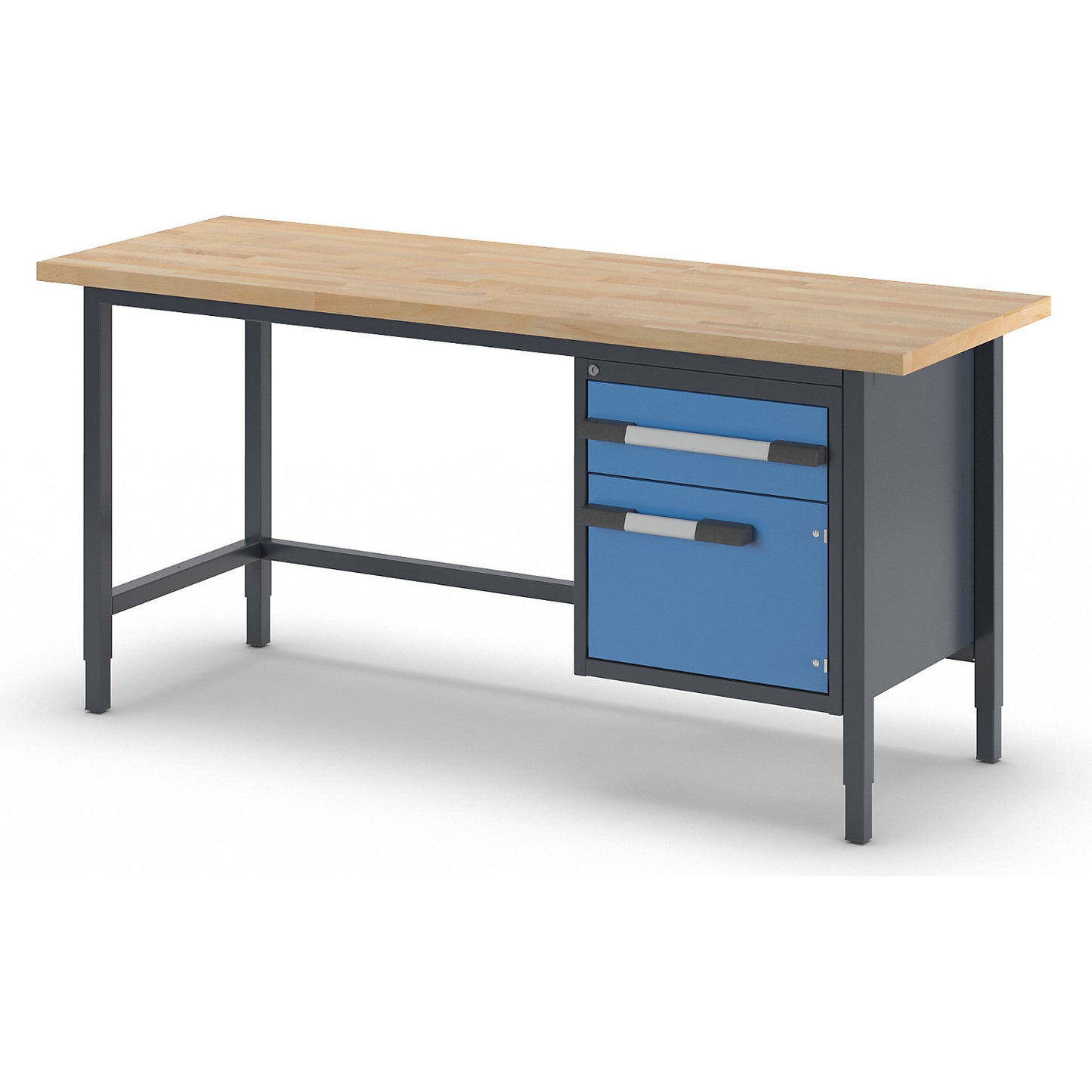 Height-adjustable workbench, frame construction, 1 drawer, 1 hinged door, width 2000 mm, charcoal / blue.