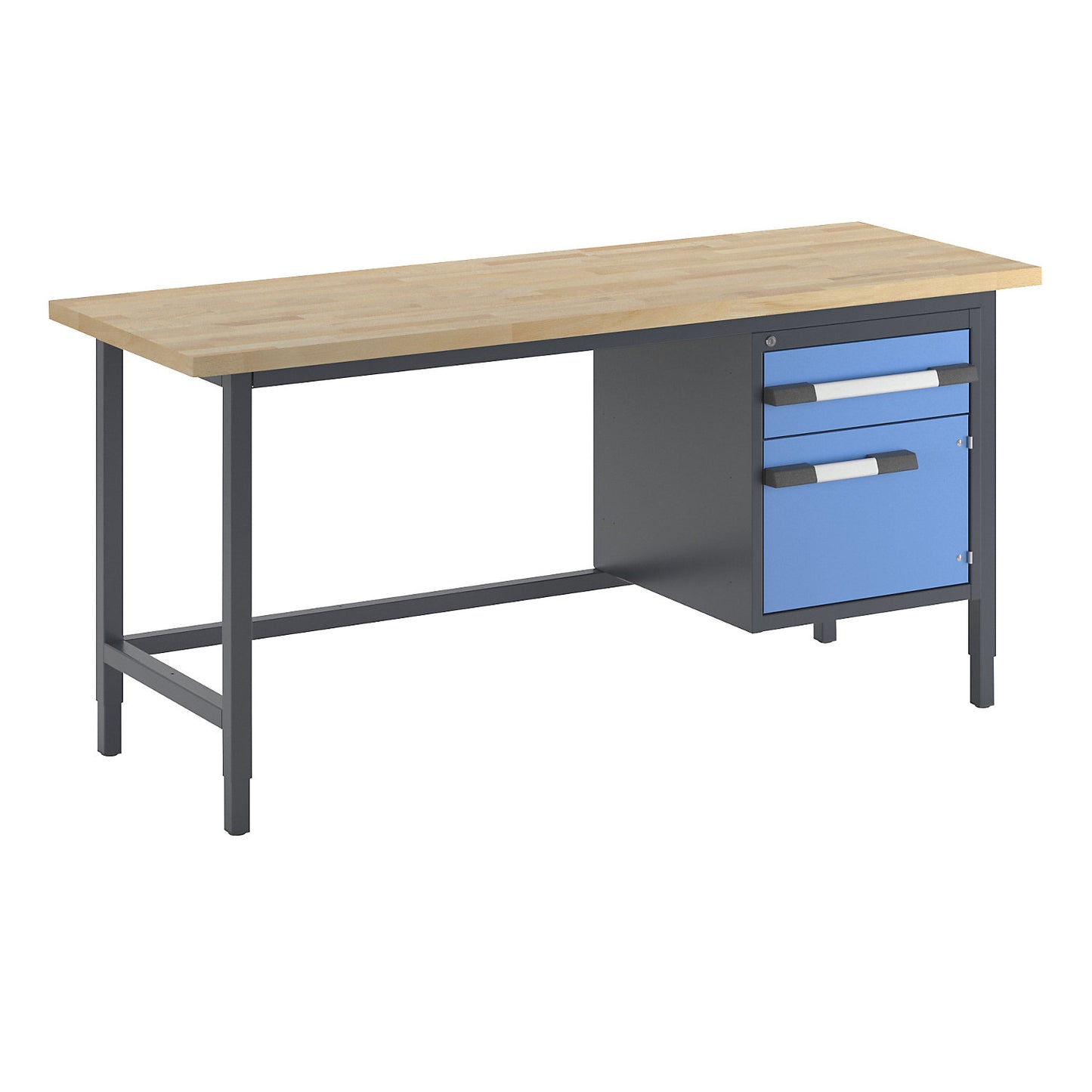 Height-adjustable workbench, frame construction, 1 drawer, 1 hinged door, width 2000 mm, charcoal / blue.