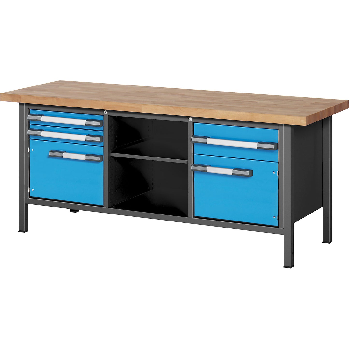 Height-adjustable workbench, frame construction, 3 drawers, 2 doors, 2 shelves, width 2000 mm, anthracite / blue.